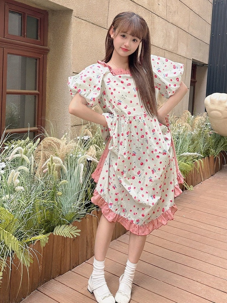 Red Blueberry Print Mori Kei Dress with Ruffle Trim - Mori Doll