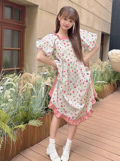 Red Blueberry Print Mori Kei Dress with Ruffle Trim - Mori Doll