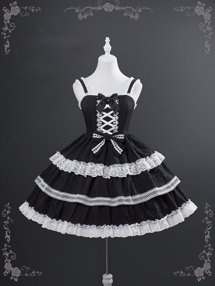 Black Tiered Old School Lolita JSK with Intricate Lace & Criss-Cross Bodice