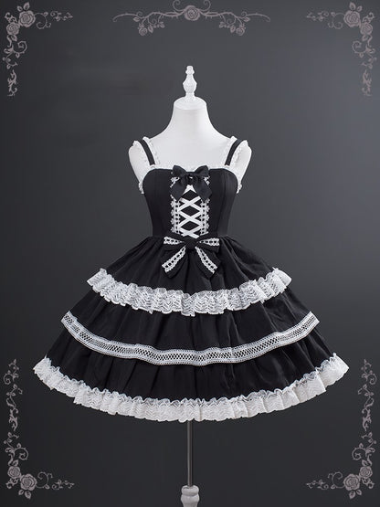 Black Tiered Old School Lolita JSK with Intricate Lace & Criss-Cross Bodice