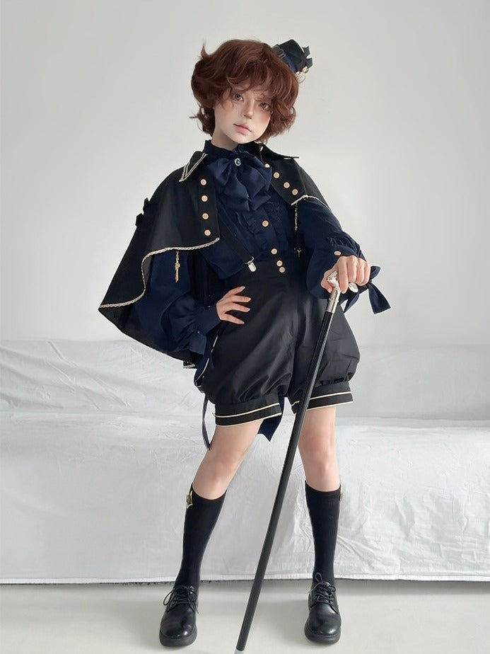 4-Piece Ouji Lolita Ensemble Blue & Black Vest Blouse Shorts Set - Castle Too