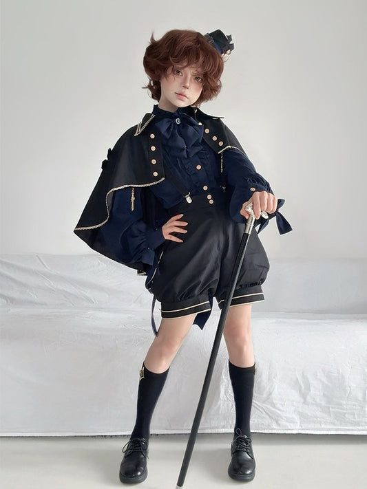 4-Piece Ouji Lolita Ensemble Blue & Black Vest Blouse Shorts Set - Castle Too