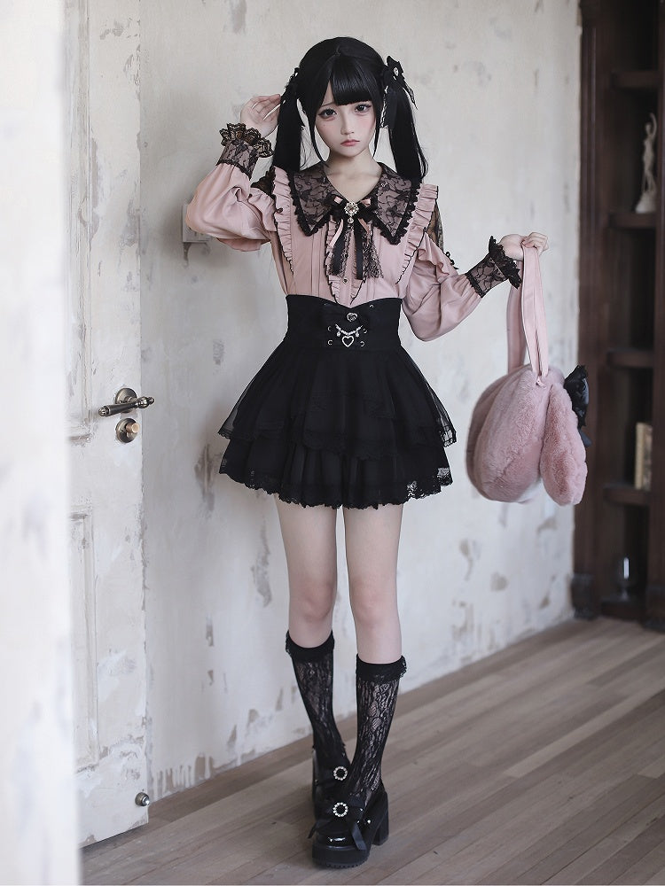 Black Shoulder Kei Pink with Collar Lace Cutouts Pointed Blouse Jirai Gothic