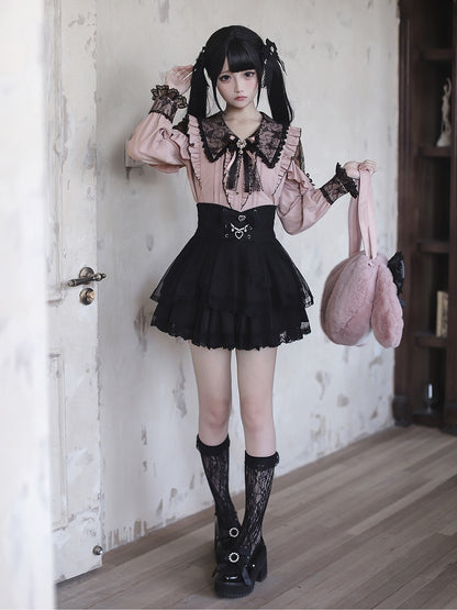 Black Shoulder Kei Pink with Collar Lace Cutouts Pointed Blouse Jirai Gothic
