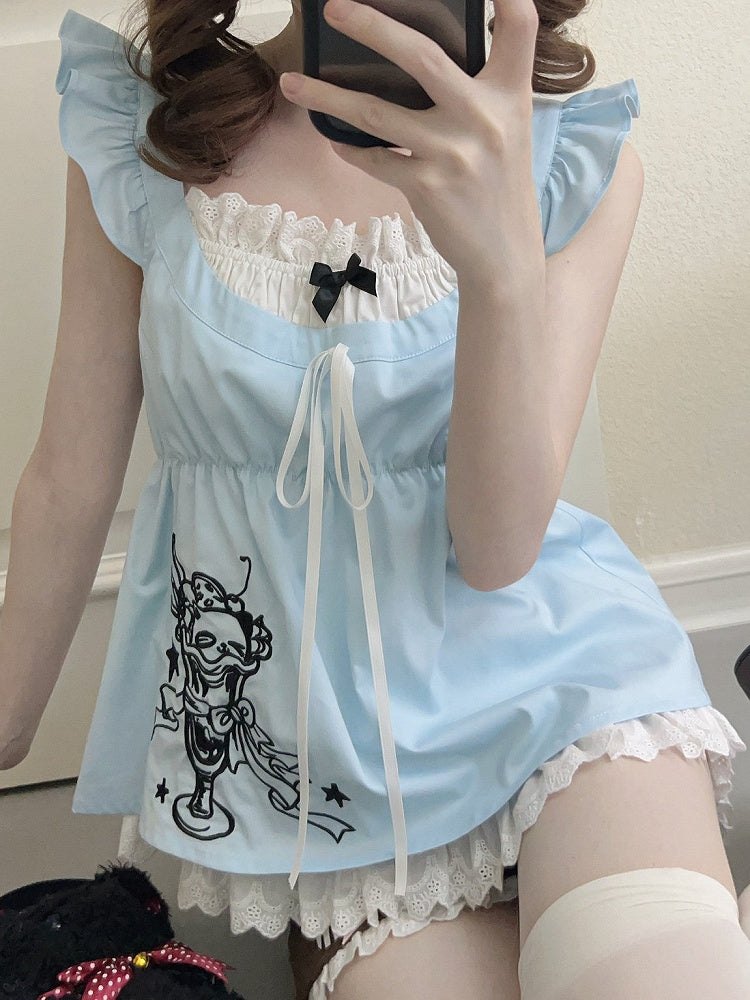 Daily Blue Two-piece with Kawaii Trim Sleeves T-shirt Lace Flutter