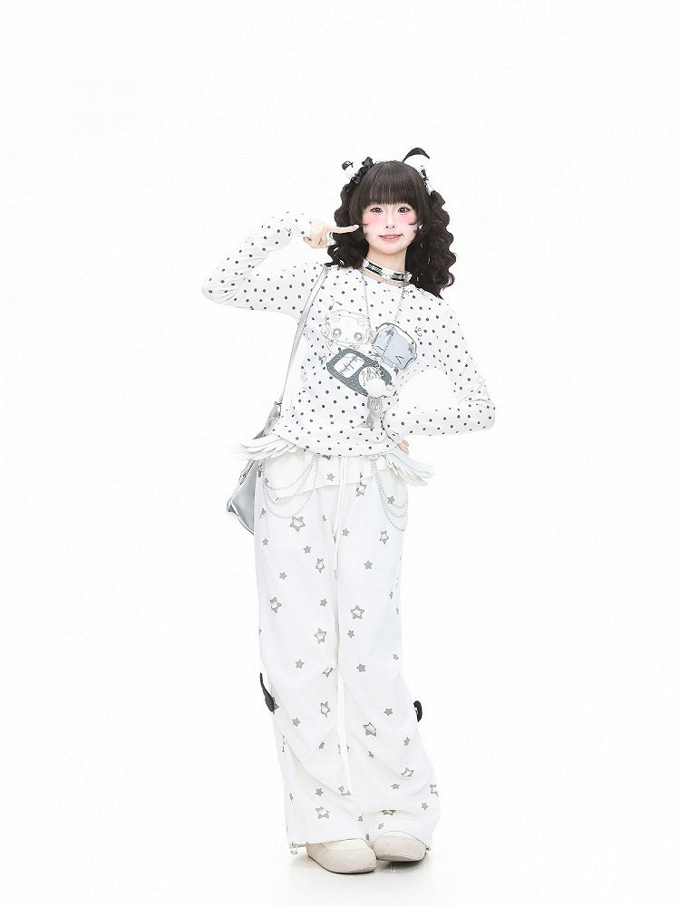 Y2K White Long Sleeve T-Shirt with Polka Dot and Cartoon Print - Languid Park