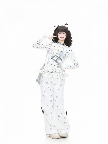 Y2K White Long Sleeve T-Shirt with Polka Dot and Cartoon Print - Languid Park