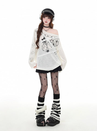 アシンメトリーネックラインのレース、ブラック/ホワイト、日焼け防止、グラマラスなアップリケ、グラフィックトップ