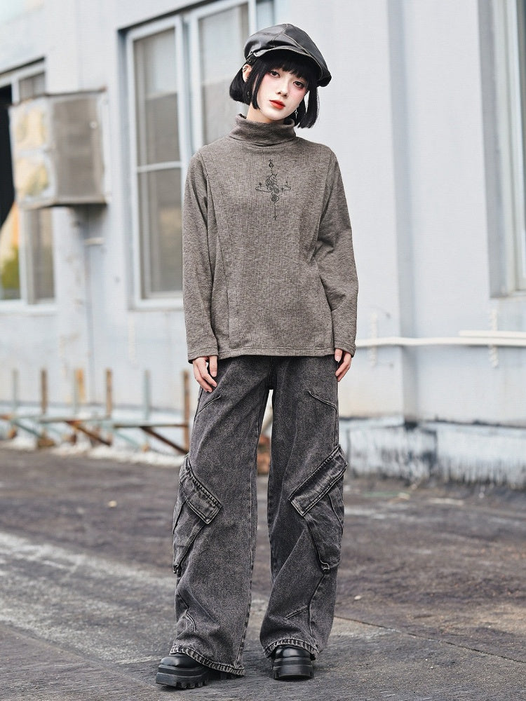 Unicorn Print Brown Turtleneck Long Sleeve Top for Spring Autumn - Quirky Hut