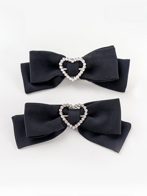 ジライケイ デコレーションハート 蝶結び ラインストーン ヘアクリップ ブラック/ピンク