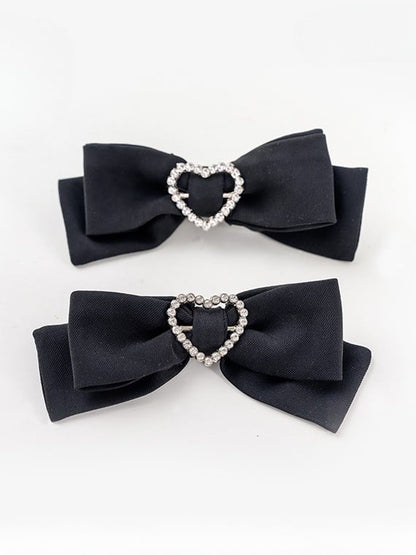 ジライケイ デコレーションハート 蝶結び ラインストーン ヘアクリップ ブラック/ピンク