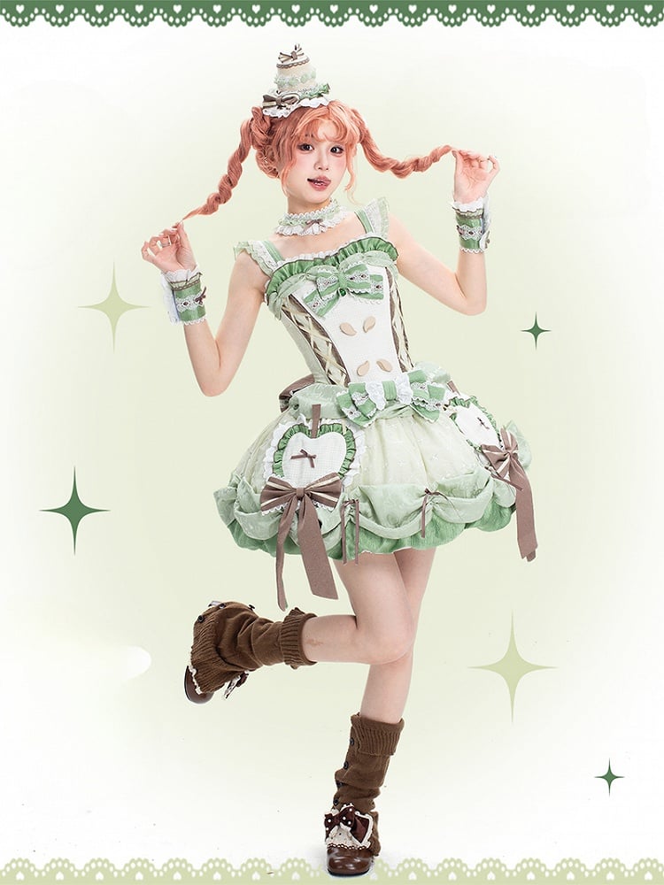 Stäbchenrock, Pullover, Bubble-Mieder, Korsett, Lolita-Applikation, Apfel, süßes Grün