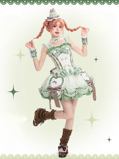 Stäbchenrock, Pullover, Bubble-Mieder, Korsett, Lolita-Applikation, Apfel, süßes Grün