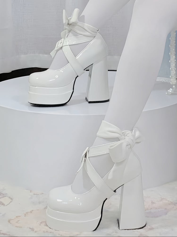 Platform Dual Ribbons White Heels Detachable Lolita - Straps Sophisticated High Block Buckle Crossed