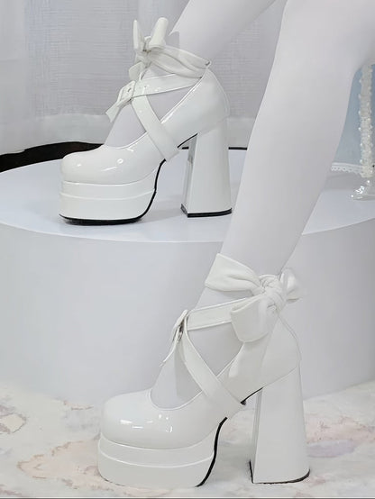 Platform Dual Ribbons White Heels Detachable Lolita - Straps Sophisticated High Block Buckle Crossed