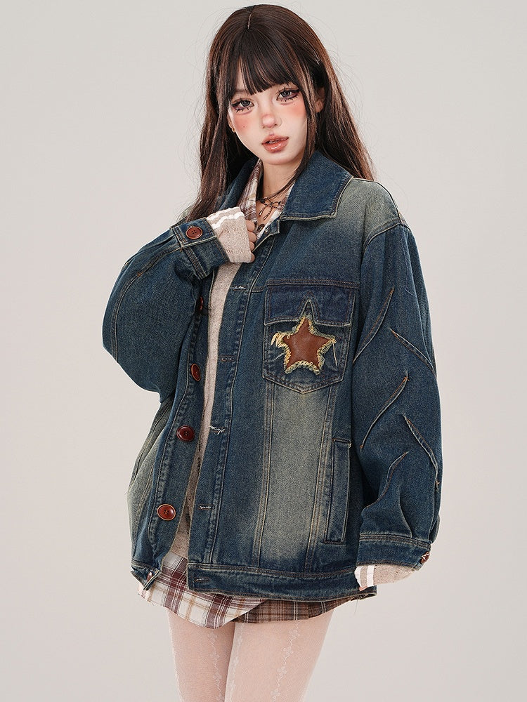 Denim Blue Star Patches Faded Wash Jacket