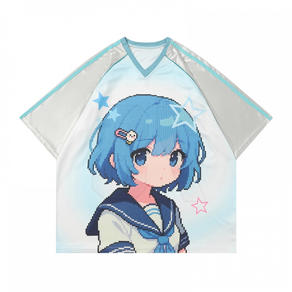 Cartoon Girl Print Black/Blue/Purple T-shirt Vintage V-neck Loose