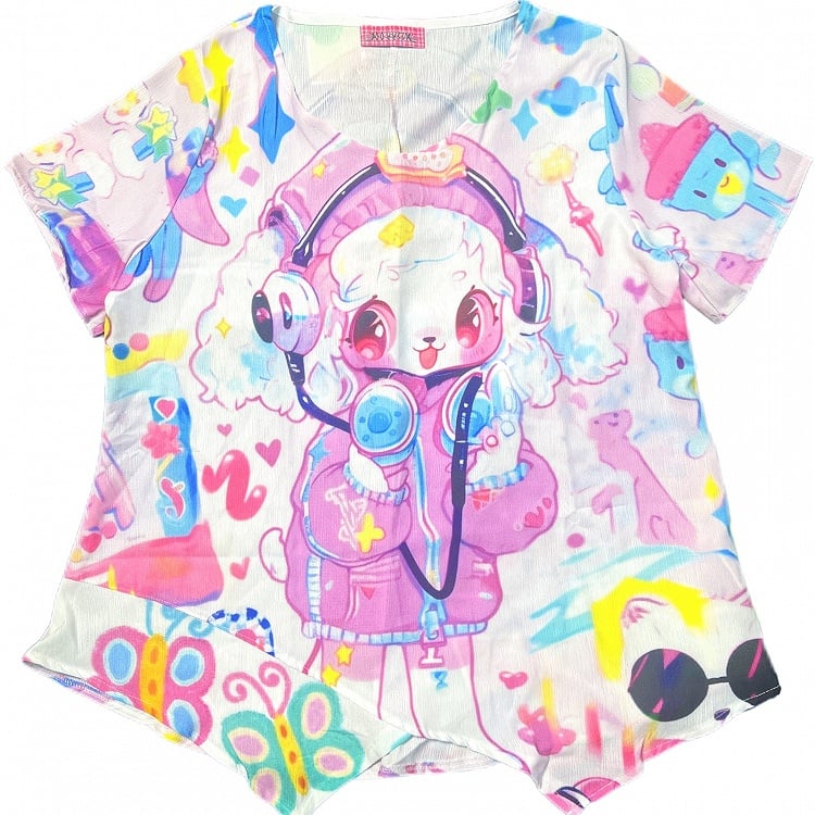 ファッションプリントの漫画袖ギャルショートカラフルシャツ