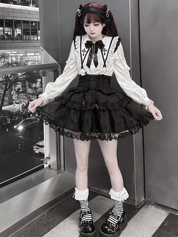 Jirai Kei – Schwarzes Tüllrock-Overallkleid mit Schnürung und hoher Taille, Landmine