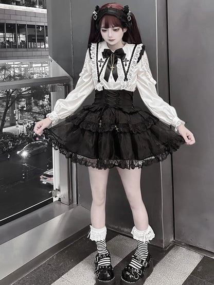 Jirai Kei – Schwarzes Tüllrock-Overallkleid mit Schnürung und hoher Taille, Landmine