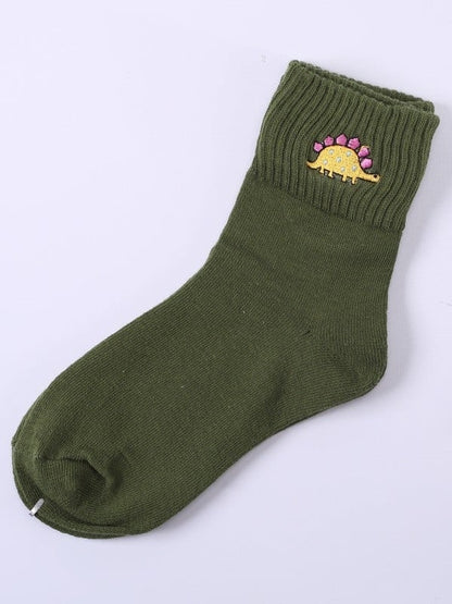 Drey Puppy//Dark Green Dinosaur Calf Socks