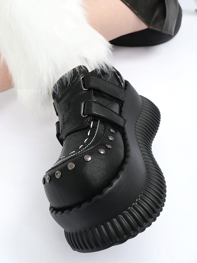 Black Velcro Strap with Design Details Studded Platform Closures - Shoes Punk