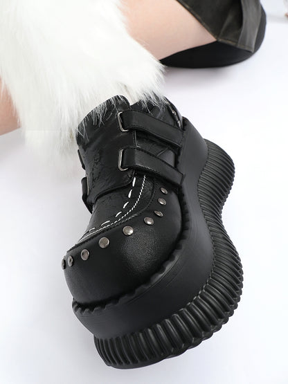 Black Velcro Strap with Design Details Studded Platform Closures - Shoes Punk