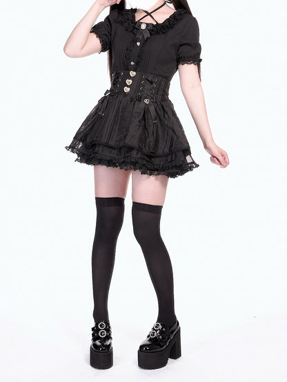 Skirt Waist Jirai with Bowknot Smocked Lace-up Accents Triple-Layer Black Kei Organza