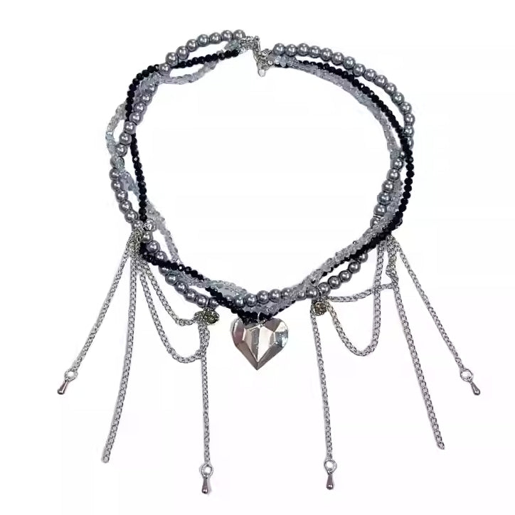 ビーズペンダントネックレス ハート ブラック シルバー