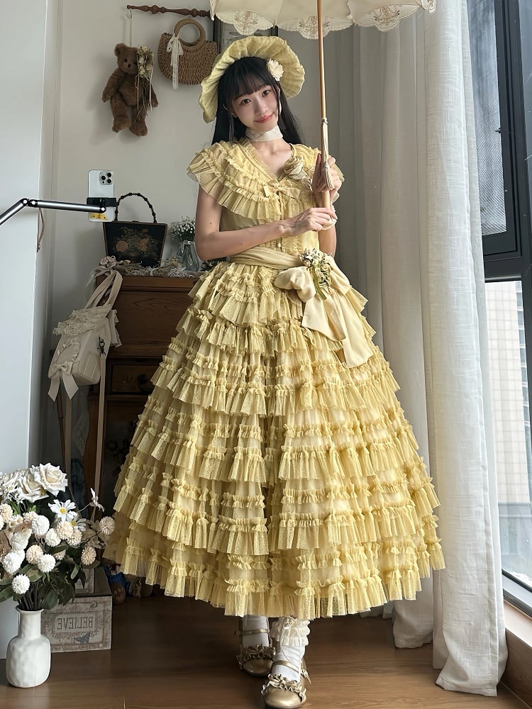 Belt Tulle Yellow Mesh Waist Set - Elegant Skirt + Lolita Vest Cotton Dotted Multi-layered Classic