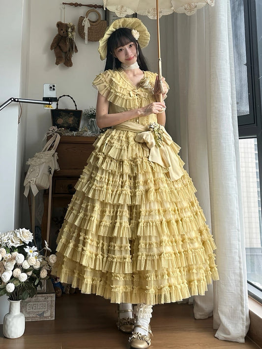 Belt Tulle Yellow Mesh Waist Set - Elegant Skirt + Lolita Vest Cotton Dotted Multi-layered Classic