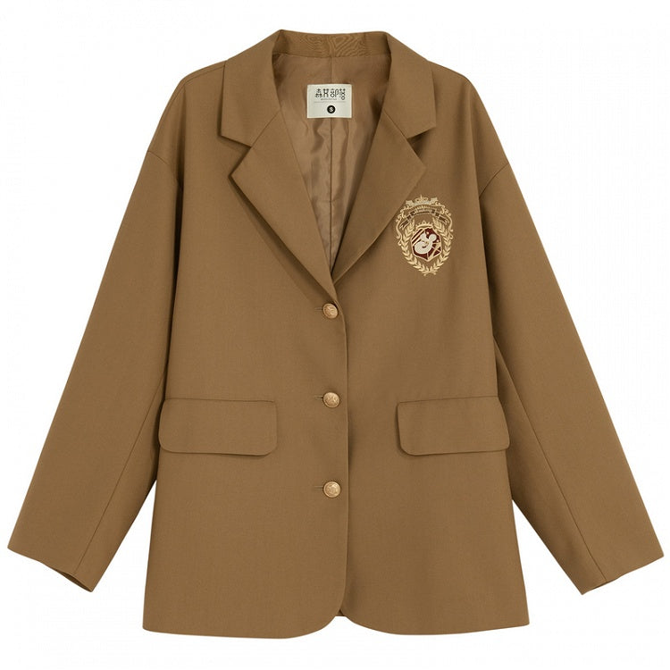 ミラードファッション ブラウンバッジ刺繍入りプレッピーブレザー