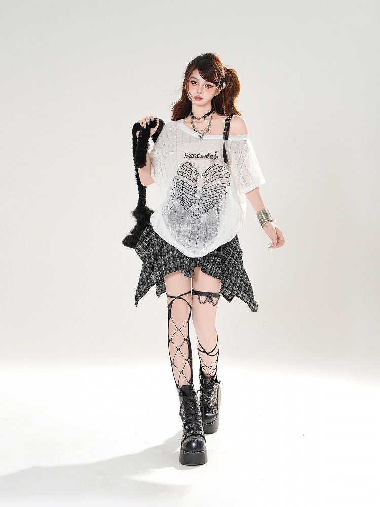 Heart Print Holes Asymmetrical Neckline Distressed