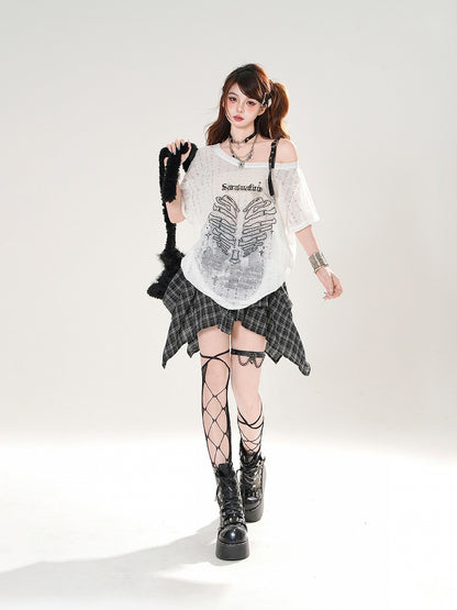 Heart Print Holes Asymmetrical Neckline Distressed