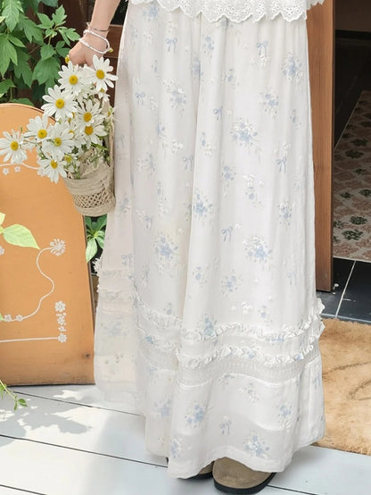 Blaue Blumenmuster-Version Weiße Chiffon-Taille Weite Beinhose Elastisch Normal/Kurz