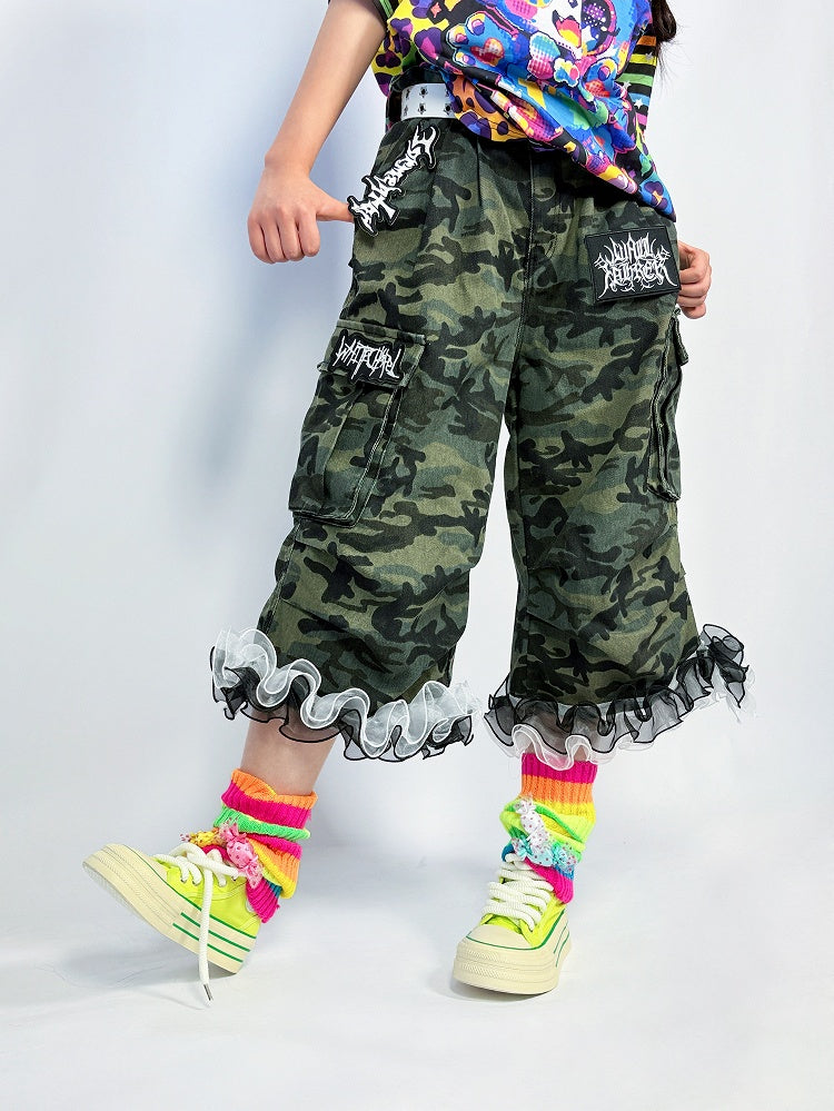 with Cargo Flounce Y2K Cuffs Capris Camouflage Denim