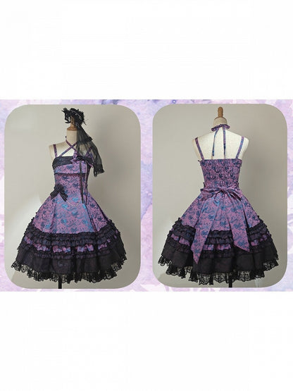 Purple & Black Bowknot Pearl Chain Halter JSK Dress