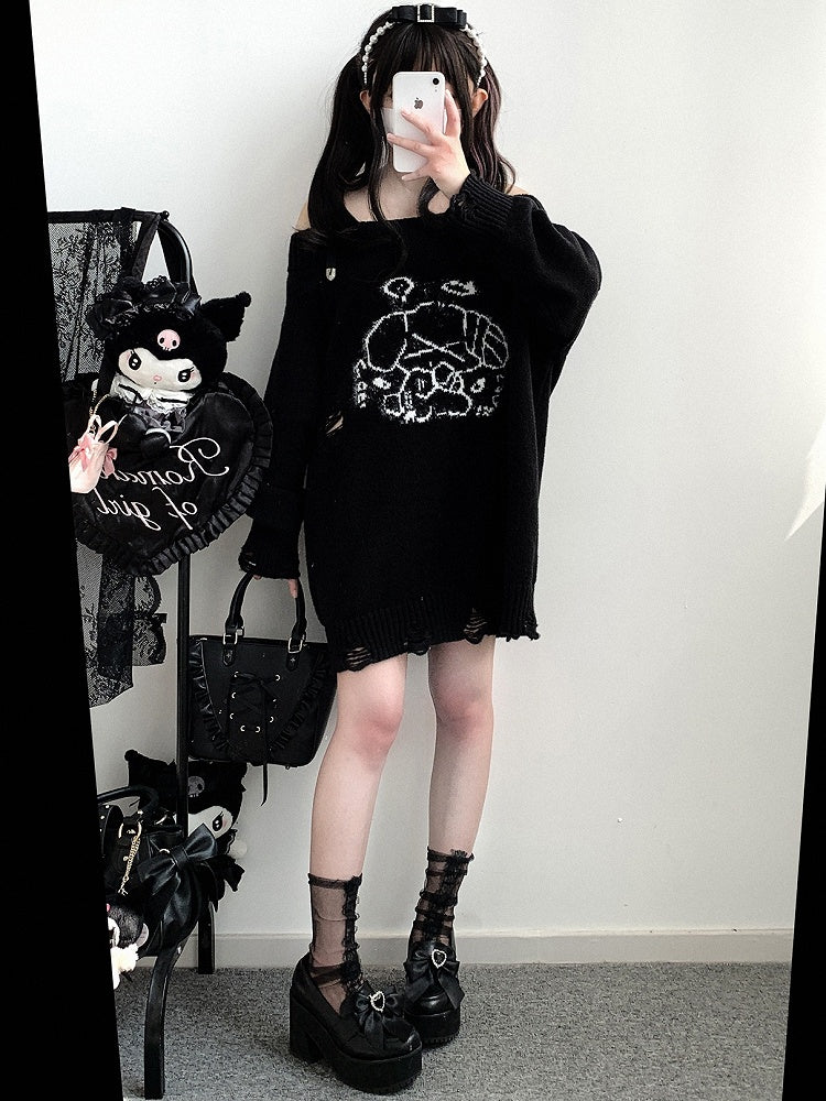 ジライケイ グレーエンジェル パピー グラフィック ダメージ加工 ホールズ ランドマイン ルーズ セーター