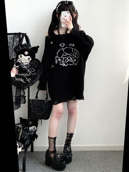 ジライケイ グレーエンジェル パピー グラフィック ダメージ加工 ホールズ ランドマイン ルーズ セーター