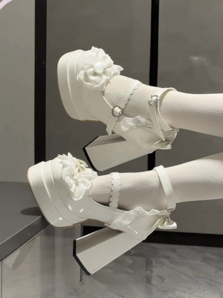 Heel Shoes Mary Lace Accents Bow Lolita Platform High with Sweet Jane and Trim White Block