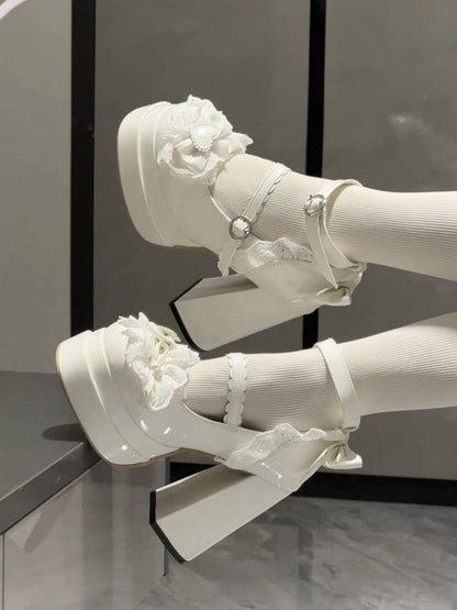 Heel Shoes Mary Lace Accents Bow Lolita Platform High with Sweet Jane and Trim White Block