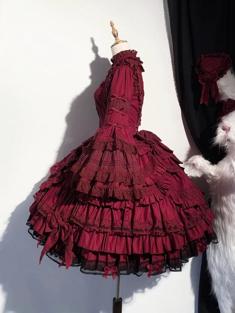 Layered Under Rüschenkleid Büste Wein Saum Schleife Gothic Akzente Lolita Rot mit