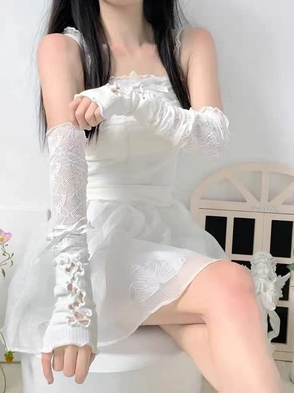 Cross-Tie Cuffs Lace Wrist Colors: Style Lolita White Long (2