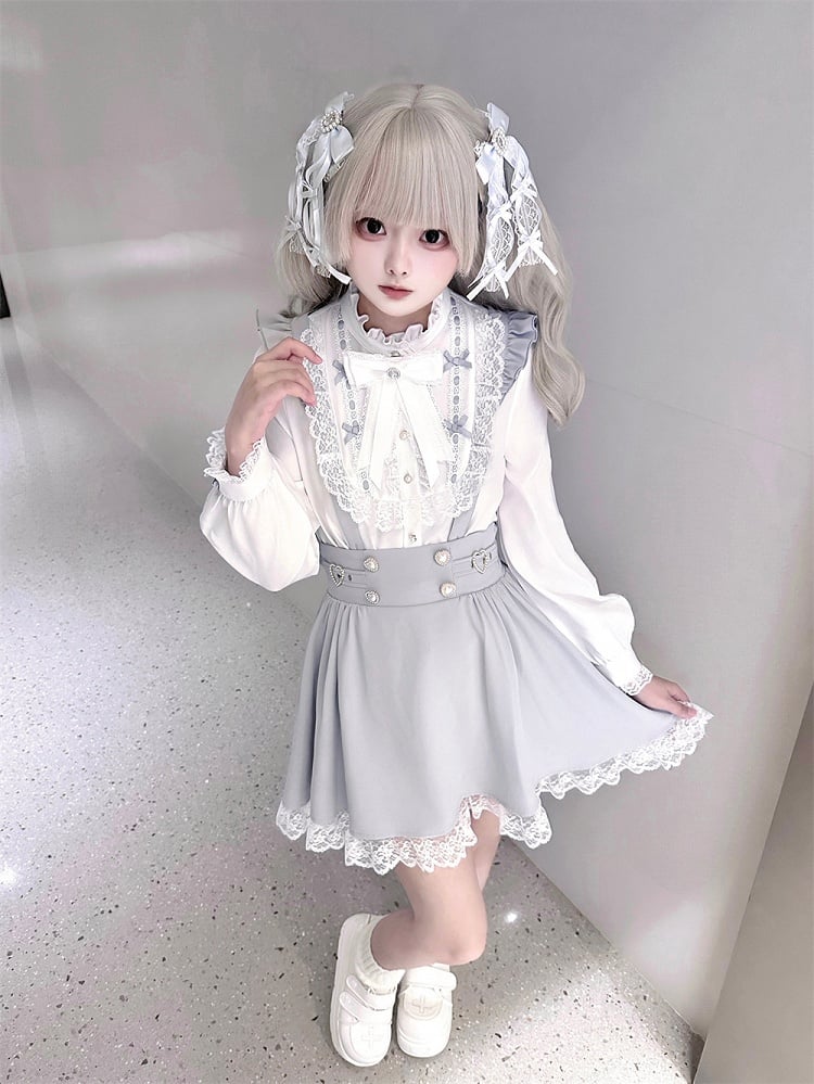 Bow with Ruffle White Included Jirai Free Blue and Neckline Kei Blouse Tie | Dusty