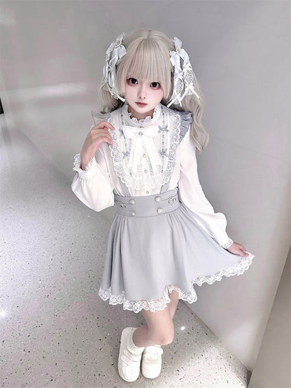 Bow with Ruffle White Included Jirai Free Blue and Neckline Kei Blouse Tie | Dusty