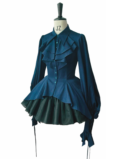 Dark Blue Ouji Lolita Long Sleeves Prince Shirt with Cascading Irregular Hem | Danger Girl