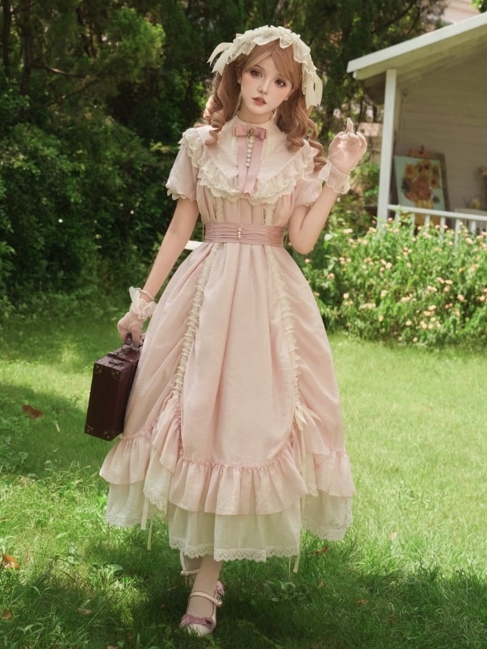 Loose Drawstring Pink Sleeves Lolita Rosette Embroidery Short Details Dress with