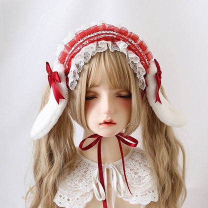 8 Colors Cute Lolita Lace Hairband With Detachable Bowknot And Plush Bunny Ears