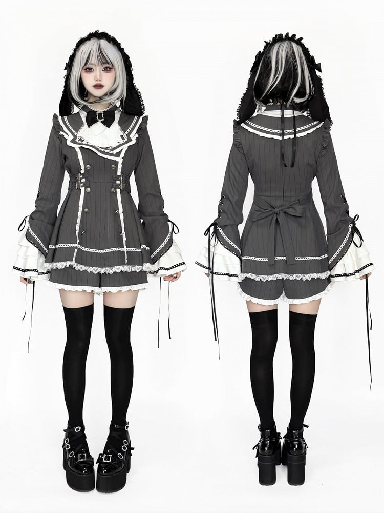and Pattern Shorts Set Grey Flounce Trimmed with Striped Kei Lace Dress Sleeve Jirai