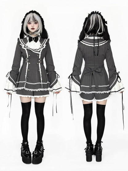 and Pattern Shorts Set Grey Flounce Trimmed with Striped Kei Lace Dress Sleeve Jirai